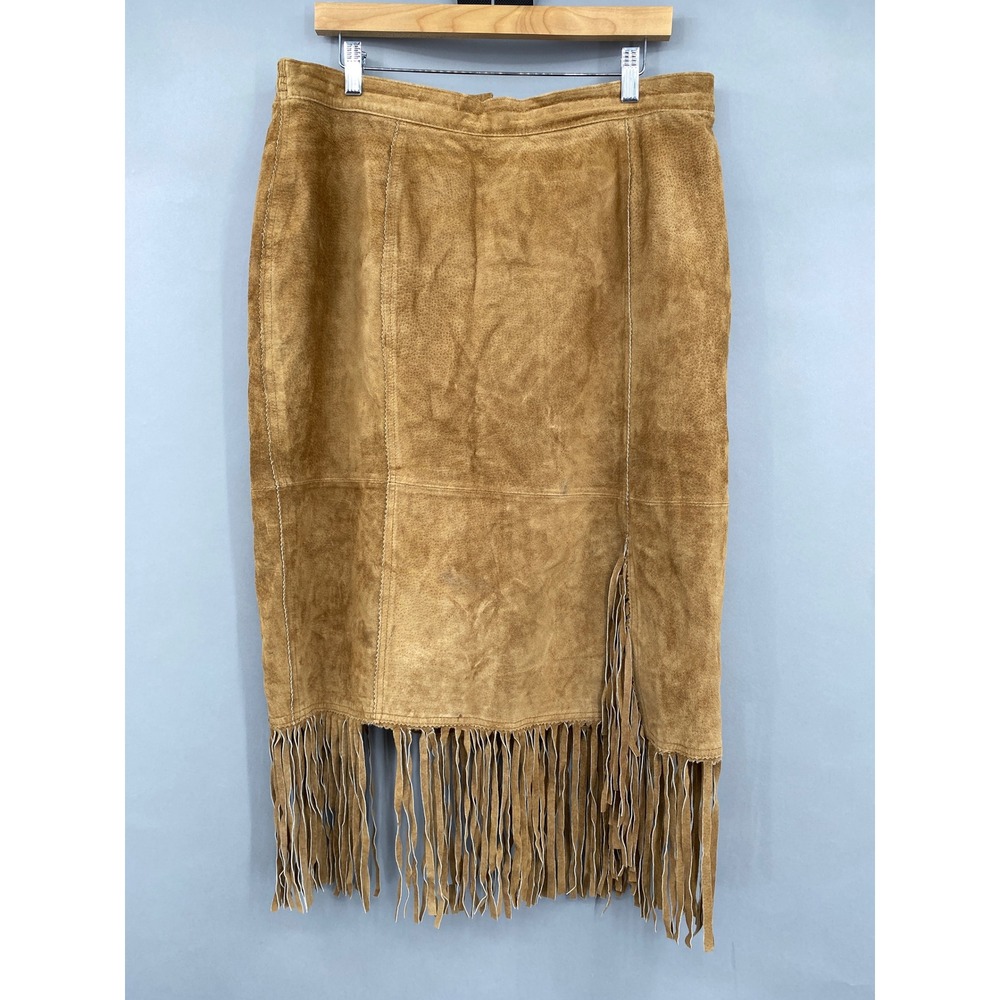 Via Accenti Vintage Tan Suede Fringe Midi Skirt Women L XL Western Boho Boho 90s